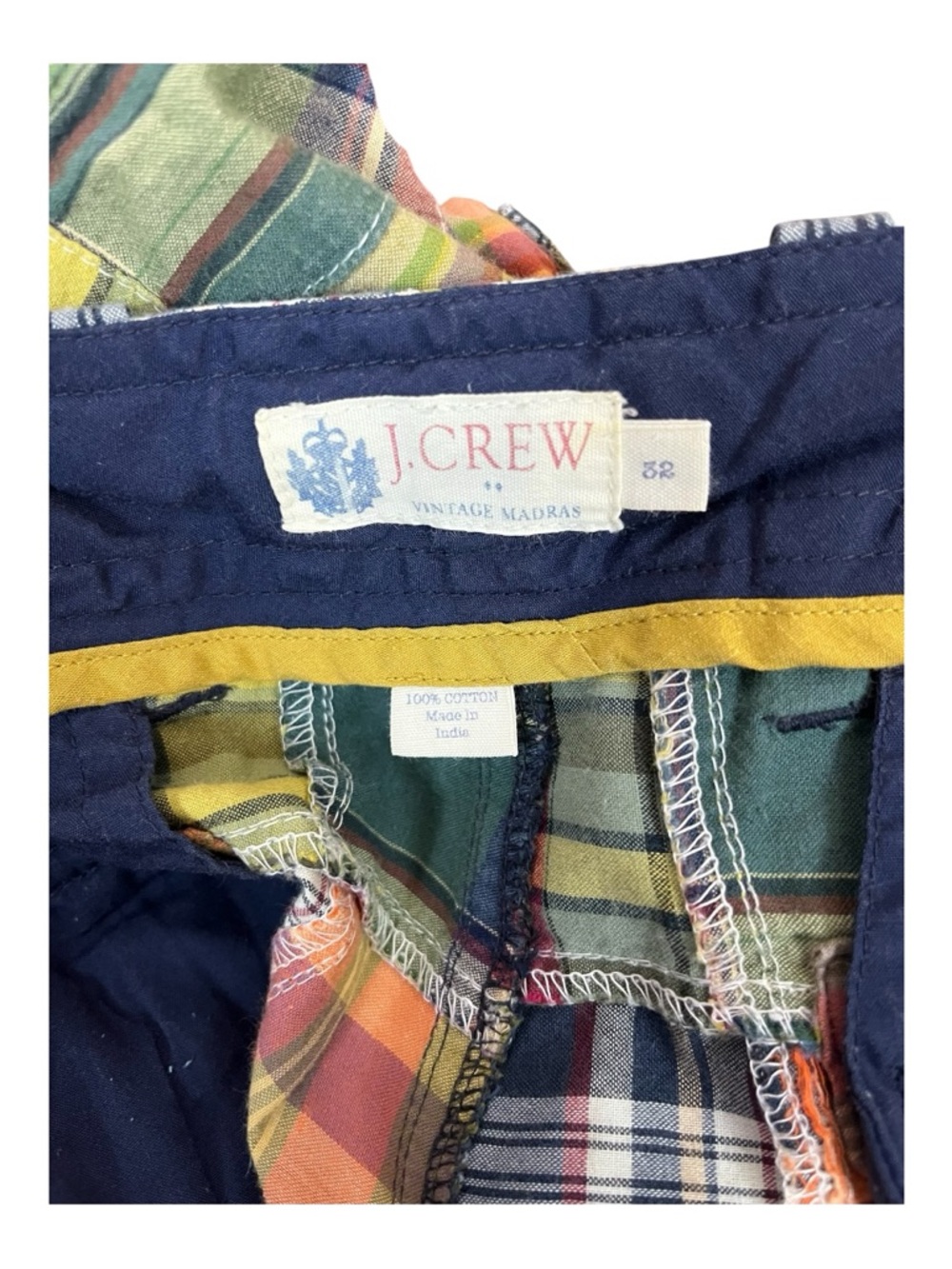 J CREW Mens 32 Multicolor Vintage Madras Plaid Patchwork Flat Front 10" Shorts - Picture 4 of 6